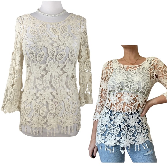 Anthro Finn & Clover Crochet 3/4 Sleeve Cotton Scallops Tassels Top size Medium - Picture 1 of 16